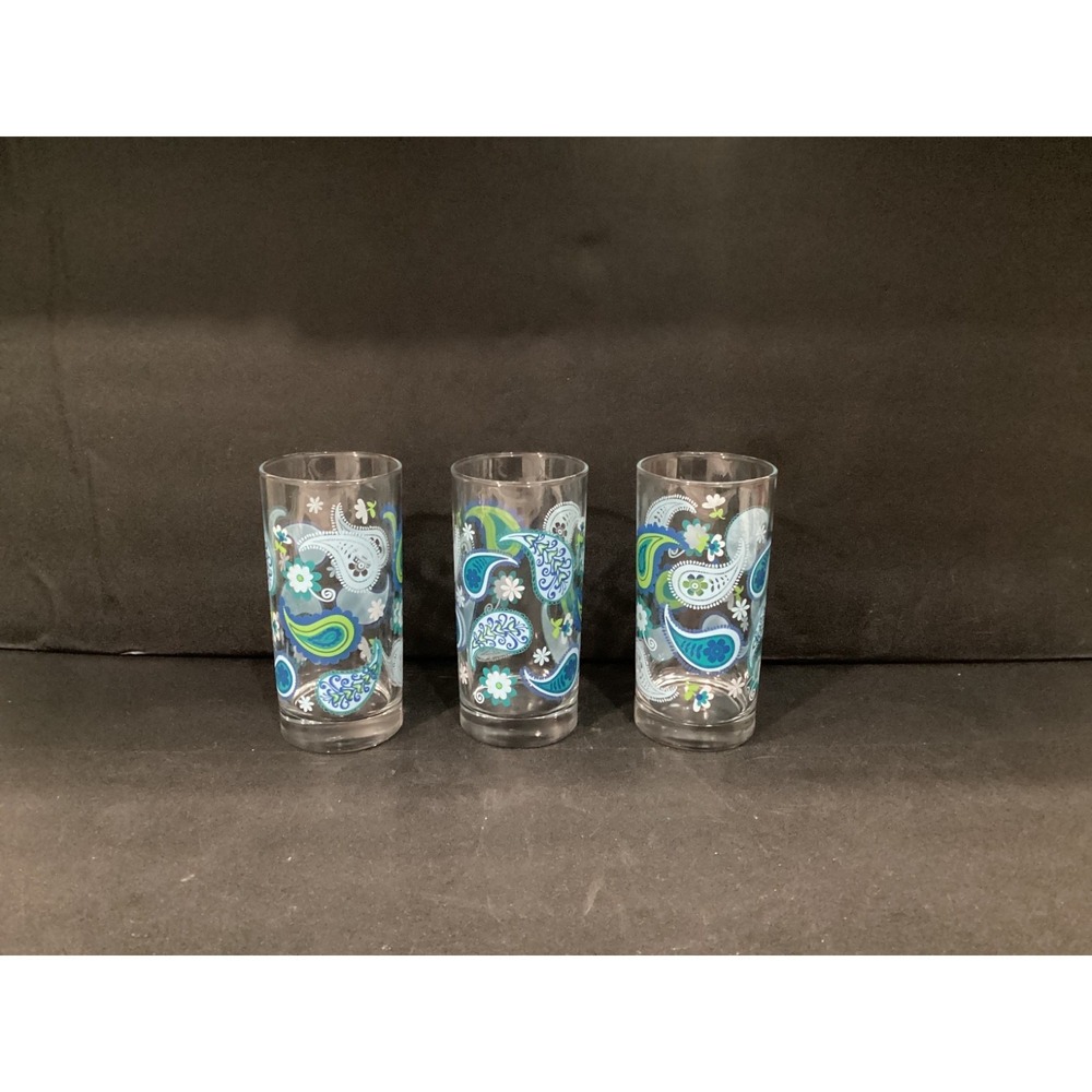 Royal Norfolk Blue Green‎ Paisley Drinking Glass Tumblers 6" Tall Set Of 3